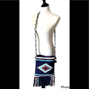 NEW America and Beyond A&B Fringe Woven Crossbody Purse Bag Southwestern Blue